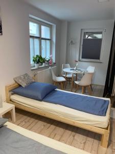 1 dormitorio con 1 cama, mesa y sillas en Neustadt-Blick, en Heilbad Heiligenstadt