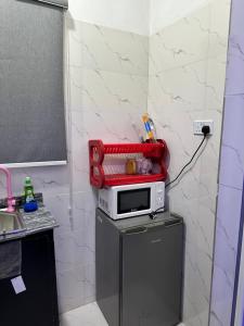 a microwave on top of a refrigerator in a kitchen at Magnanimous Apartments 1bedroom flat at Ogudu in Lagos