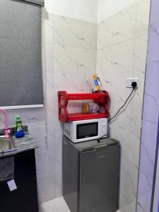 a microwave on top of a refrigerator in a kitchen at Magnanimous Apartments 1bedroom flat at Ogudu in Lagos +6 photos