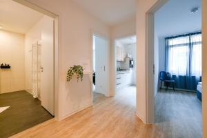 an open hallway with a kitchen and a living room at Ferienwohnungen am Theater - modern, zentral und ruhig mit Küche, Waschtrockner, Netflix, Wlan und Parkplatz- 2 Zimmer, 52 qm in Cottbus +11 photos