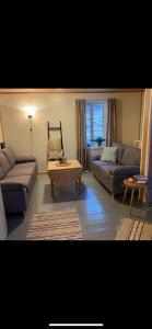 拉姆貝格的住宿－Rorbu Vestersia i Skjelfjord，带沙发和咖啡桌的客厅