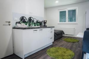 a kitchen with white cabinets and greenugs on a counter at Lora & Lana Resort in Ljubljana