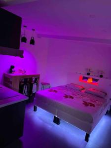 a bedroom with a bed in a purple room at La Suite Sun Set in Tremblay-En-France