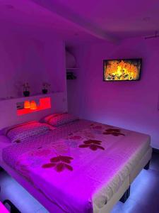 a purple bedroom with a bed in a room at La Suite Sun Set in Tremblay-En-France