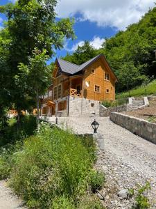 uma casa de madeira numa colina com uma estrada de cascalho em Planinska kuca Grujic em Kolašin