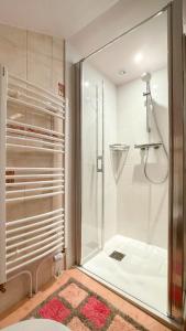 W łazience znajduje się prysznic ze szklanymi drzwiami. w obiekcie La Maison de Mireille w mieście Le Puy-en-Velay