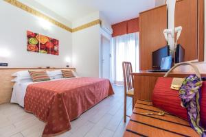 1 dormitorio con 1 cama y escritorio con TV en Hotel San Giacomo, en Cesenatico