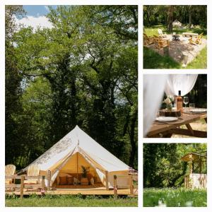 a collage of photos with a tent and a table at Domaine Authentique de Rose in Porto-Vecchio