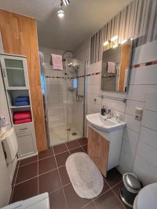 a bathroom with a shower toilet and a sink at Ostehof Weertzen in Weertzen