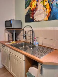 a kitchen counter with a sink and a microwave at Ostehof Weertzen in Weertzen