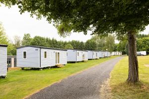 een rij witte stacaravans geparkeerd naast een boom bij ArdenParks Petite Suisse in Dochamps