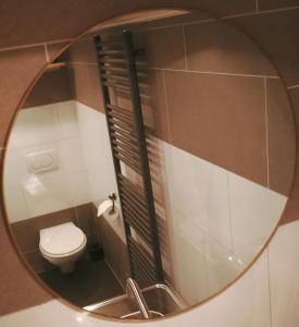 łazienka z toaletą i okrągłym lustrem w obiekcie B&B Mañana w mieście Cuijk