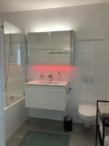 ein Badezimmer mit einem Waschbecken, einem WC und einem Spiegel in der Unterkunft Dolcevita Locarno in Locarno
