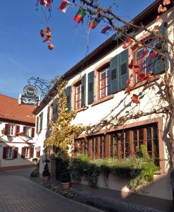 ein weißes Gebäude mit grünen Fensterläden und einer Straße in der Unterkunft Hotel Dalberg in Sankt Martin