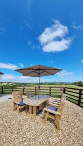 mesa de picnic de madera con 2 sillas y sombrilla en Sunny Bank- Countryside Escape with Private Hot Tub and countryside views en Carmarthen