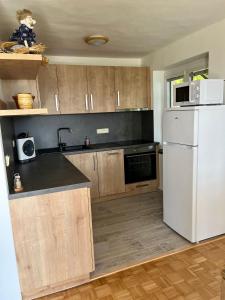 eine Küche mit einem weißen Kühlschrank und Holzschränken in der Unterkunft Chata Sobolice - Všemina in Všemina