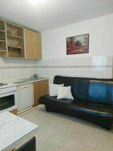 sala de estar con sofá negro en la cocina en Apartman CannaVis, en Split