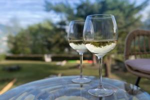dos vasos de vino blanco sentados en una mesa en Casa al Lago di TSS' - Ampio Giardino Fronte al Lago - Perfetto per Famiglie e Gruppi a Calceranica al Lago en Calceranica al Lago