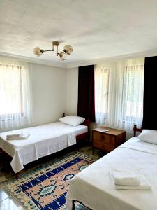1 dormitorio con 2 camas y alfombra en Villa Misli - red/ green, en Ortaca