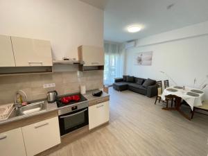 a kitchen and living room with a couch and a table at Gyöngybagoly Apartman in Balatonberény