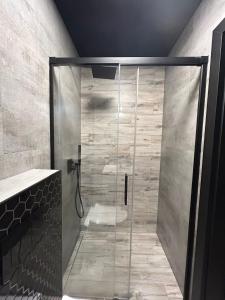 a shower with a glass door in a bathroom at Domek Apartamenty Sun House in Boszkowo +11 photos