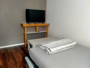 a small room with a bed and a television at Le Grand Saint Antoine in Saint-Jean-de-Maurienne