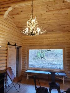 una lámpara de araña en una habitación de madera con ventana en Les Lodges Du Reynou en Le Vigen