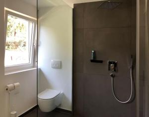a bathroom with a shower with a toilet and a window at Helle große Wohnung mit grandiosem Ausblick, Terrasse und Balkon in Bühlertal
