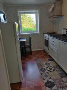 una cucina con frigorifero e finestra di Apartment at Lofoten. Mølnarodden. a Sund
