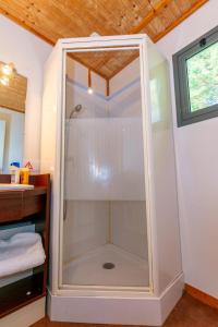 a shower with a glass door in a bathroom at Camping de La Vernhe in Saint-Amans-des-Cots +24 photos