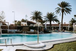 una piscina con palme sullo sfondo di Bungalows El Palmital - Adults Only a Playa del Ingles