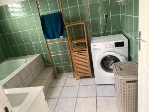 une salle de bains carrelée de vert avec un lave-linge et un lave-linge. dans l'établissement Villa les Poinsettias, à Saint-Pierre