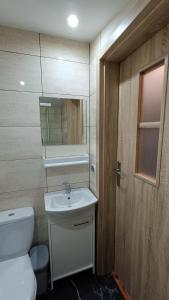 a bathroom with a toilet and a sink and a mirror at SŁONECZNIK domki letniskowe Charbrowo-Łeba in Charbrowo +21 photos