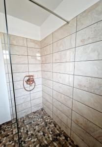 um chuveiro com uma porta de vidro na casa de banho em FLORESTI HOUSE 21 em Roandola