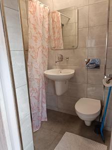 a bathroom with a sink and a toilet and a mirror at Pokoje Gościnne Heland in Jastrzębia Góra