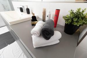 a bathroom with towels on a counter with a sink at Vila Maria in Vinkovci +24 photos