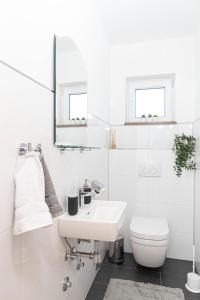 La salle de bains blanche est pourvue d'un lavabo et de toilettes. dans l'établissement Vila Maria, à Vinkovci
