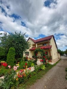 a house with flowers on the side of the road at Steaua Nordului in Tîrgu Neamţ