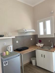 uma pequena cozinha com um balcão e um lavatório em Elia Apartments em Agia Marina Aegina