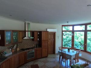 ブダペストにあるLuxury Green Villaのキッチン(木製キャビネット、テーブル、椅子付)