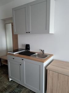 une cuisine avec des armoires blanches et un évier dans l'établissement Apartament nr 209 Pastela w Welle, à Grzybowo