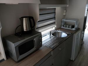 a kitchen with a microwave and a sink at Ośrodek Wypoczynkowy Barbara in Gródek Nad Dunajcem