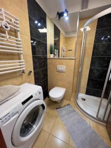 a bathroom with a washing machine and a toilet at Apartamenty Na Zdrojowej in Świnoujście