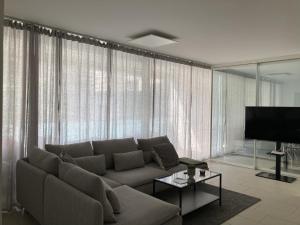 Dolcevita Locarno في لوكارنو: غرفة معيشة مع أريكة وتلفزيون بشاشة مسطحة