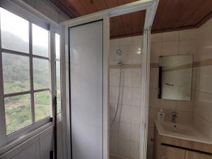 a bathroom with a shower and a sink and a mirror at 3A Botanical Dimensions Nature Terraces BBQ in Faial