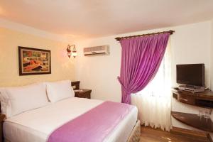 een slaapkamer met een bed en een raam met paarse gordijnen bij Cicerone Lodge Hotel in Antalya