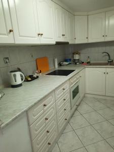 uma cozinha com armários brancos e um lavatório em Vasilis Garden House em Kavala