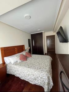 1 dormitorio con 1 cama y TV de pantalla plana en La Paz. Luminoso apartamento a la entrada de Llanes, en Llanes