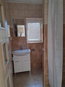 uma casa de banho com um lavatório, uma janela e um chuveiro em Penzion FRENAT em Kúty