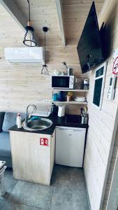 a kitchen with a sink in a tiny house at Saulėlydis in Dreverna
